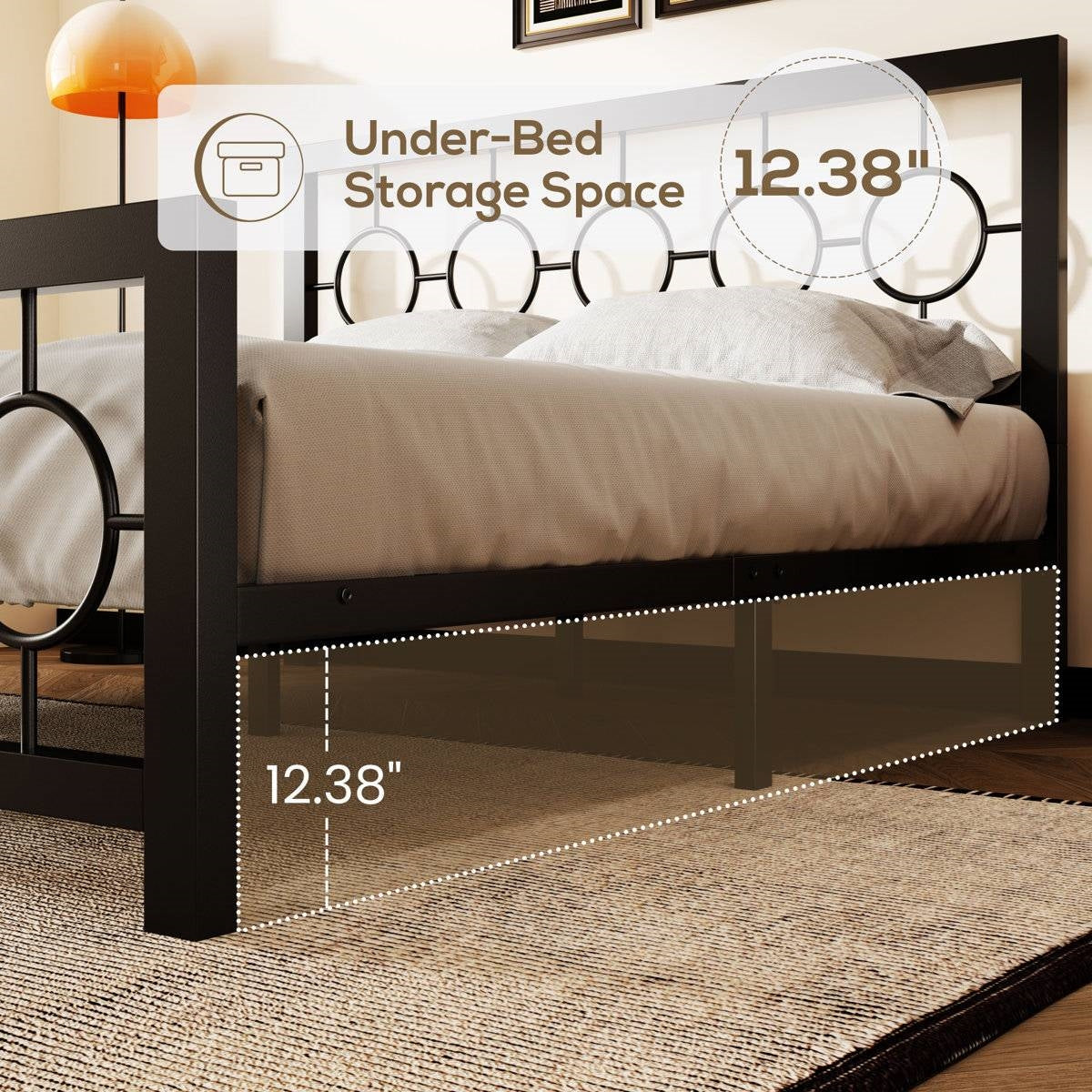 Queen Black Metal Platform Bed Frame with Circle Medallion Headboard