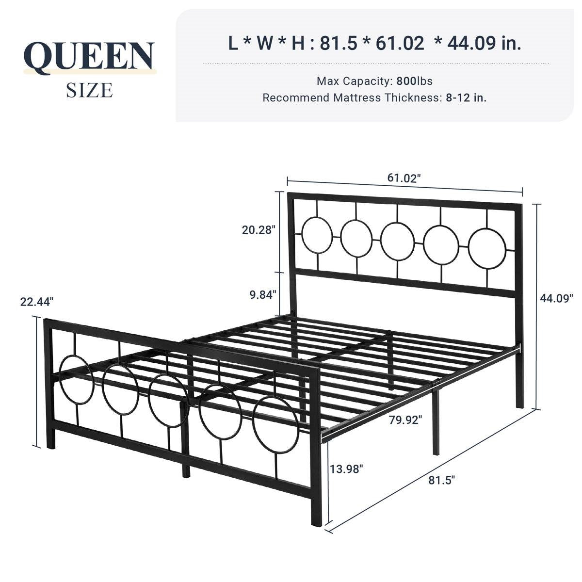 Queen Black Metal Platform Bed Frame with Circle Medallion Headboard
