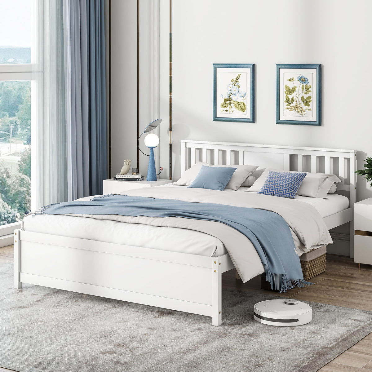 Wooden Platform Bed with Headboard and Wood Slat Support White-Queen Size