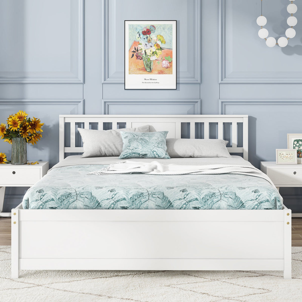 Wooden Platform Bed with Headboard and Wood Slat Support White-Queen Size