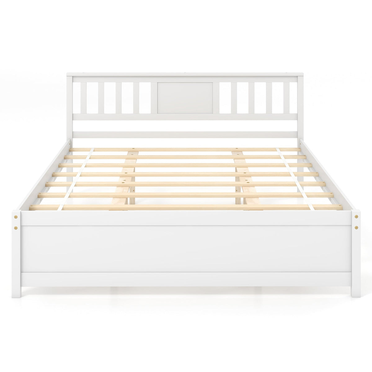 Wooden Platform Bed with Headboard and Wood Slat Support White-Queen Size