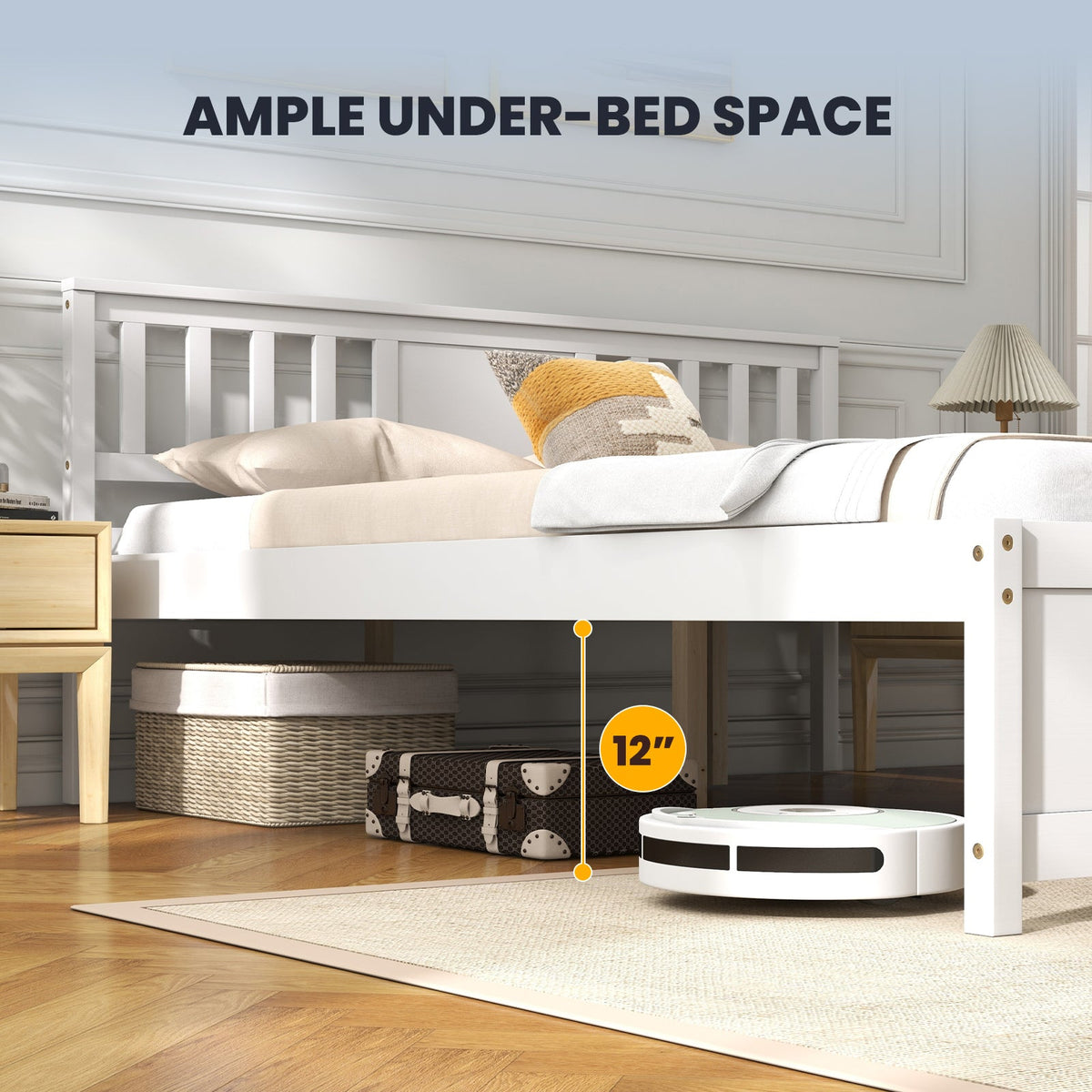 Wooden Platform Bed with Headboard and Wood Slat Support White-Queen Size