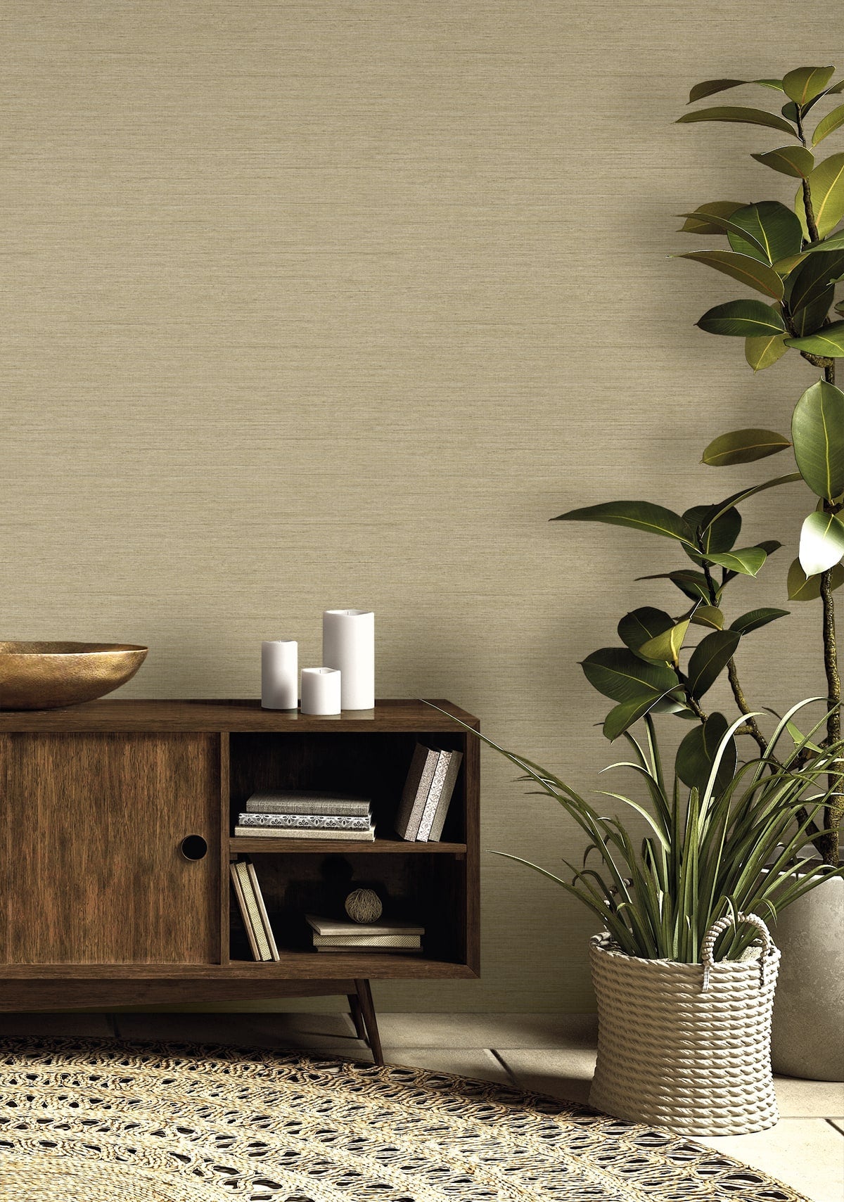 Raffia Threaded Faux Weave Embossed Vinyl Unpasted Wallpaper