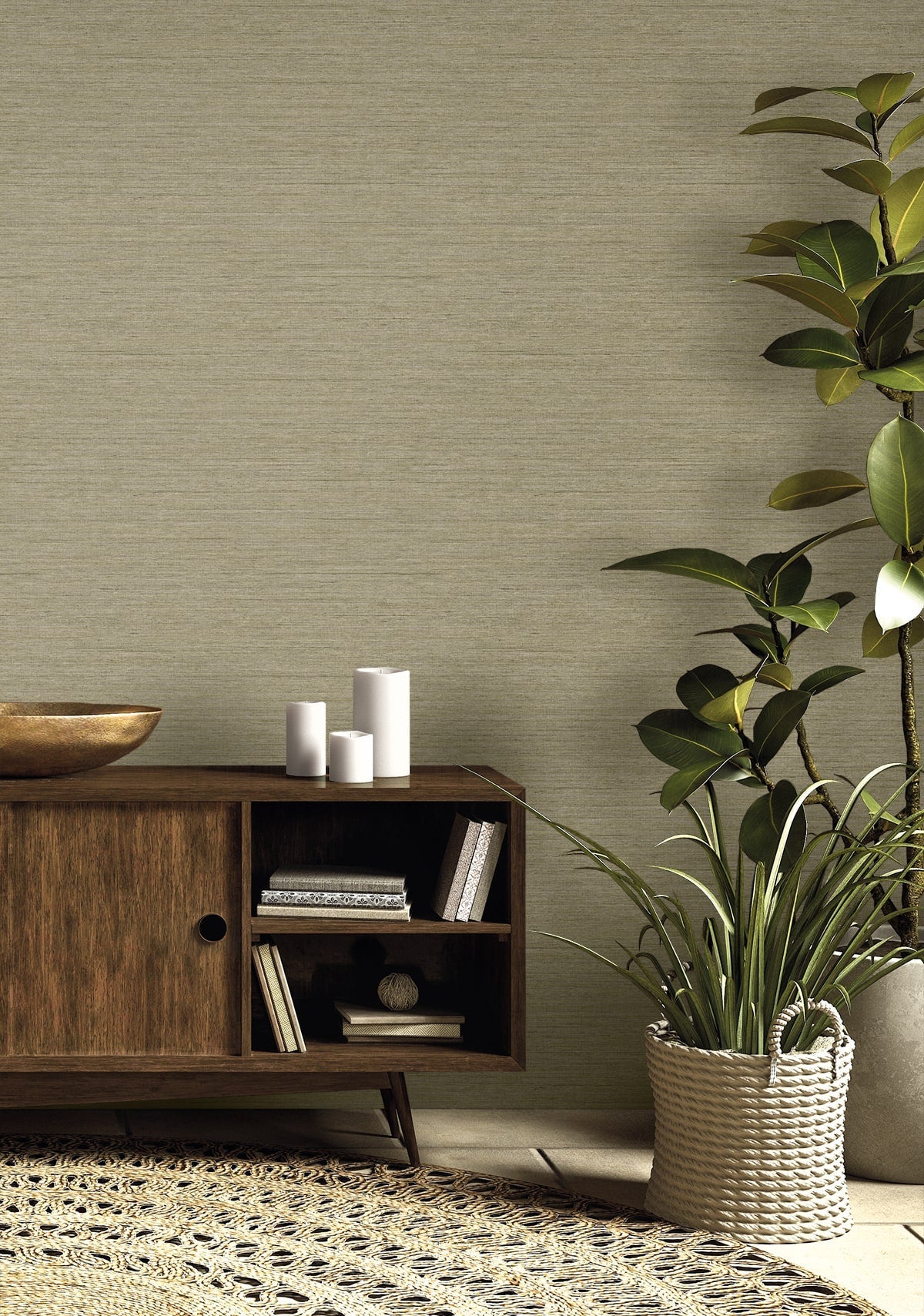 Raffia Threaded Faux Weave Embossed Vinyl Unpasted Wallpaper