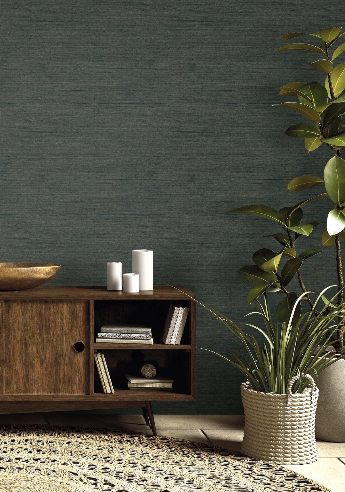 Raffia Threaded Faux Weave Embossed Vinyl Unpasted Wallpaper