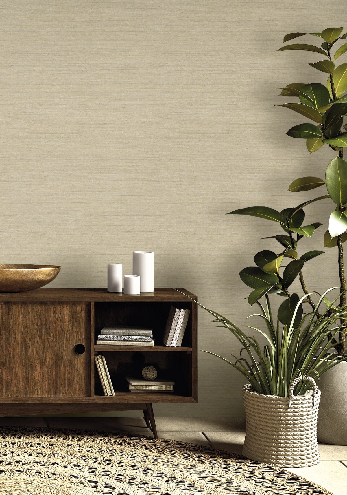 Raffia Threaded Faux Weave Embossed Vinyl Unpasted Wallpaper