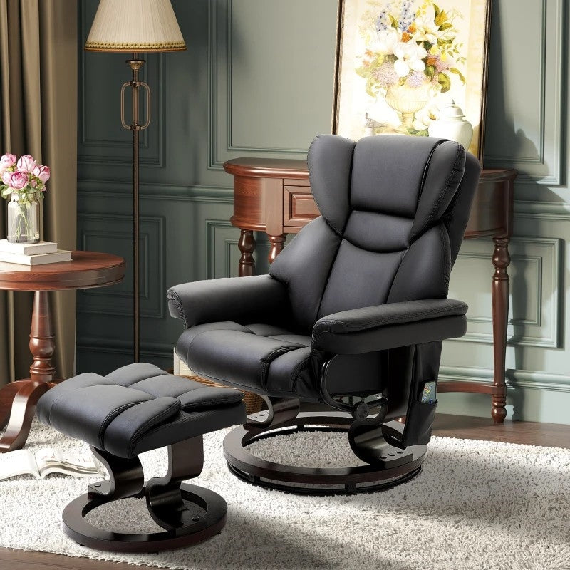 Adjustable Black Faux Leather Recliner Chair w/ Ottoman