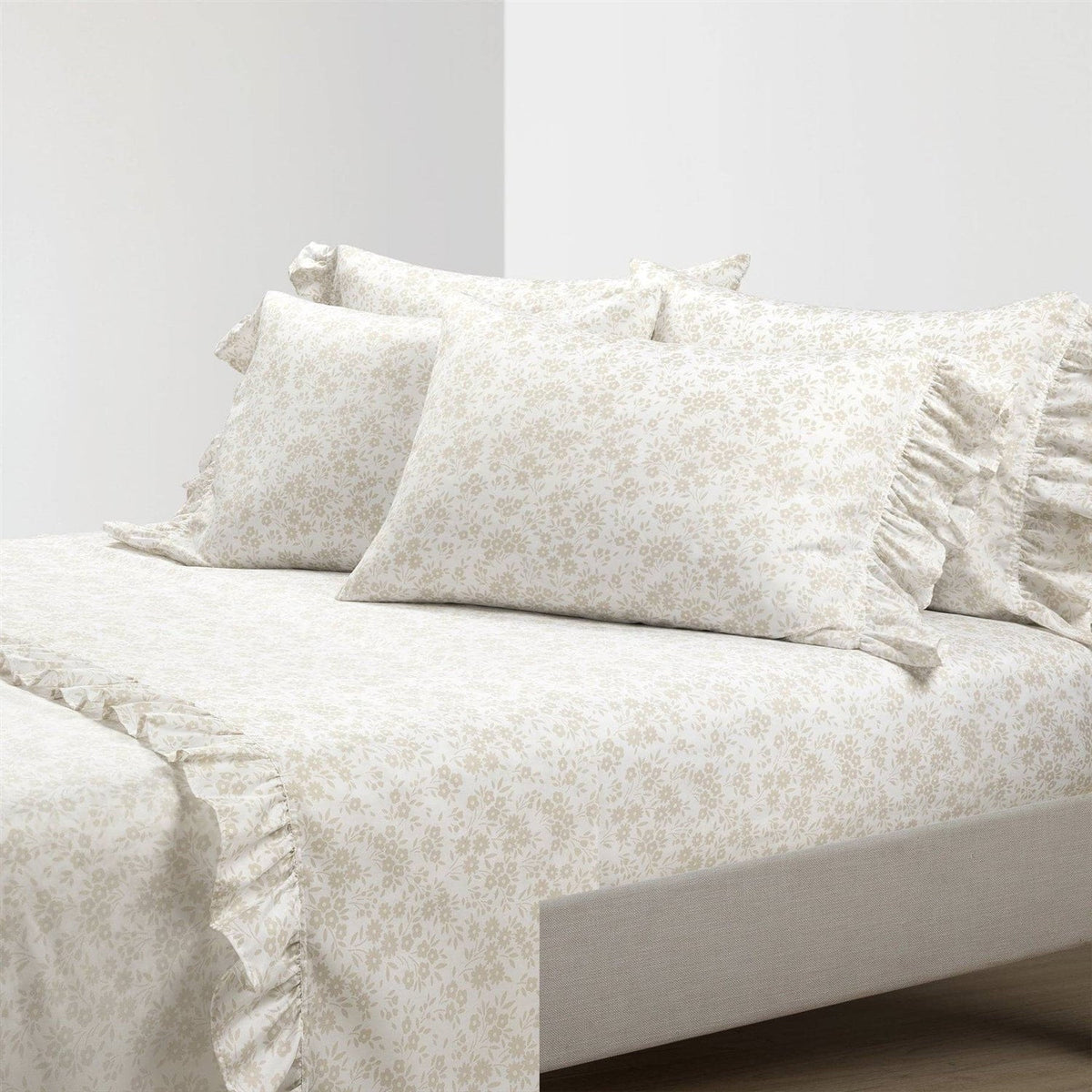 Queen Size, Polyester, Tan Ruffle Floral 6 Piece Sheet Set