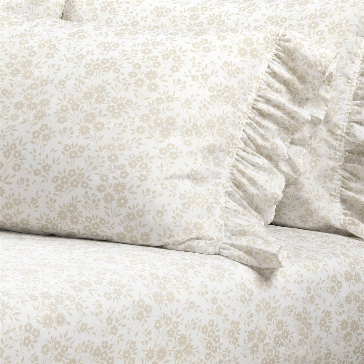 Queen Size, Polyester, Tan Ruffle Floral 6 Piece Sheet Set