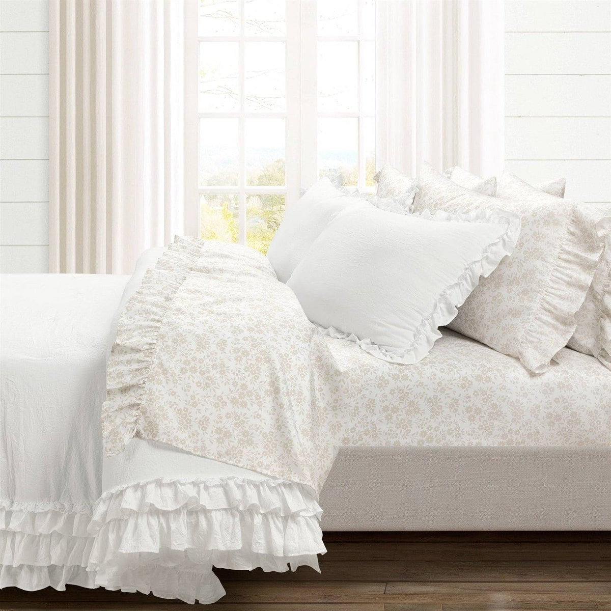 Queen Size, Polyester, Tan Ruffle Floral 6 Piece Sheet Set