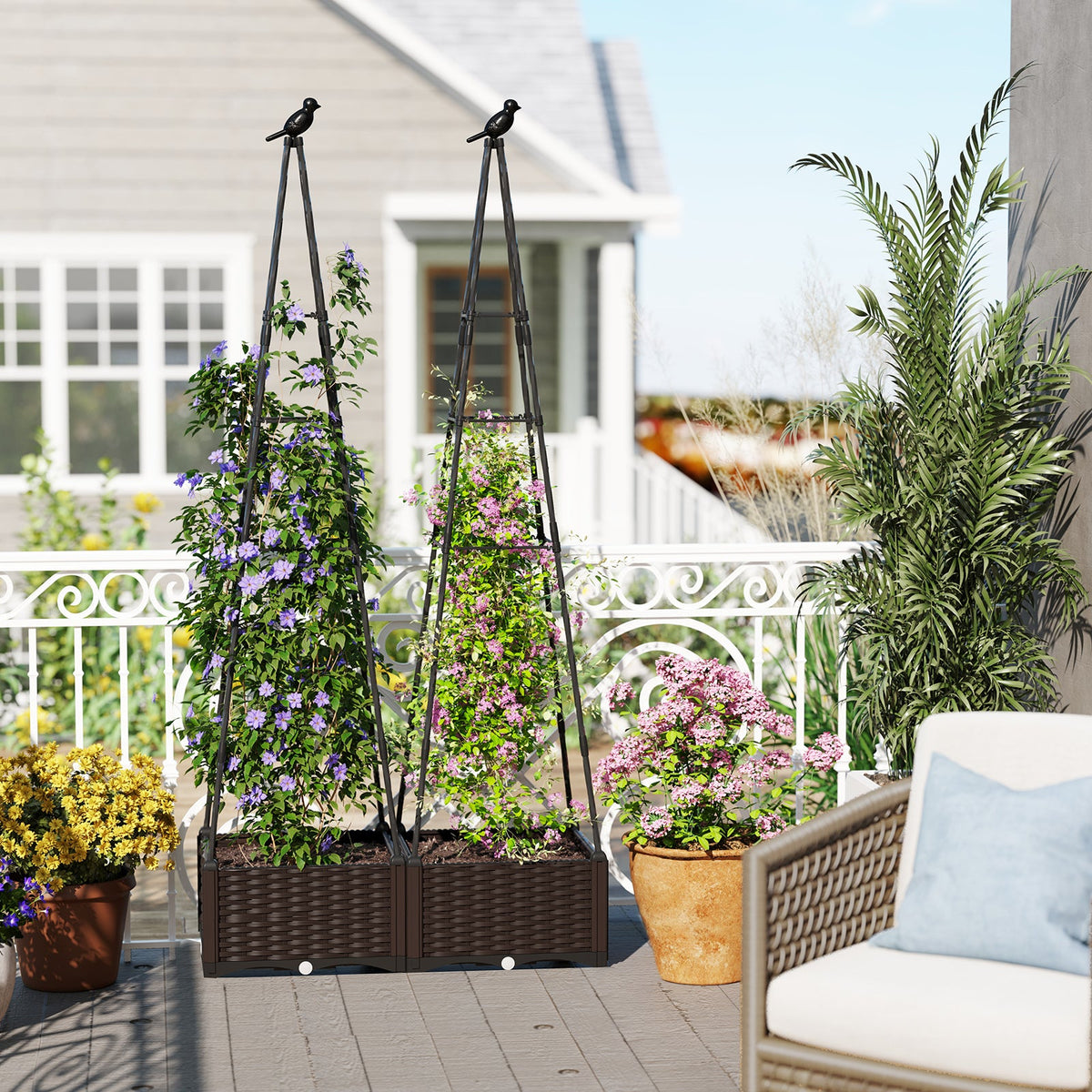Raised Garden Bed Adjustable with Plant Box & Trellis with Lockable Wheels