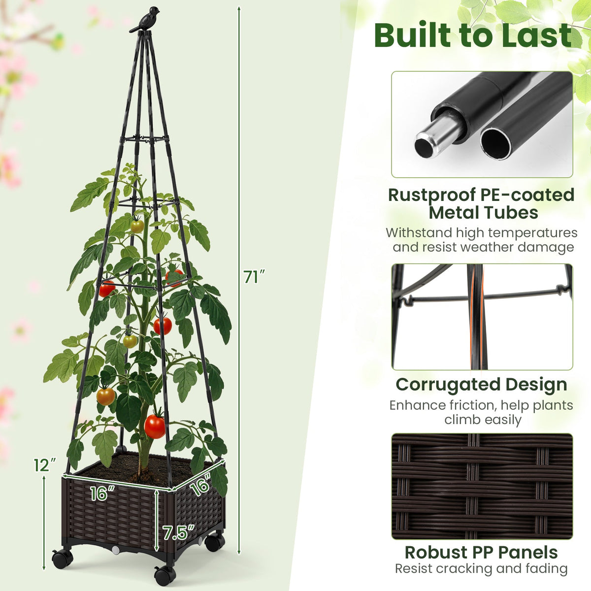 Raised Garden Bed Adjustable with Plant Box & Trellis with Lockable Wheels