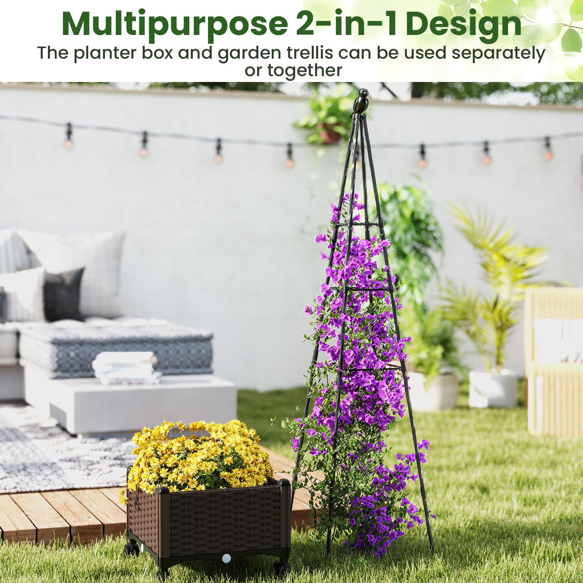 Raised Garden Bed Adjustable with Plant Box & Trellis with Lockable Wheels