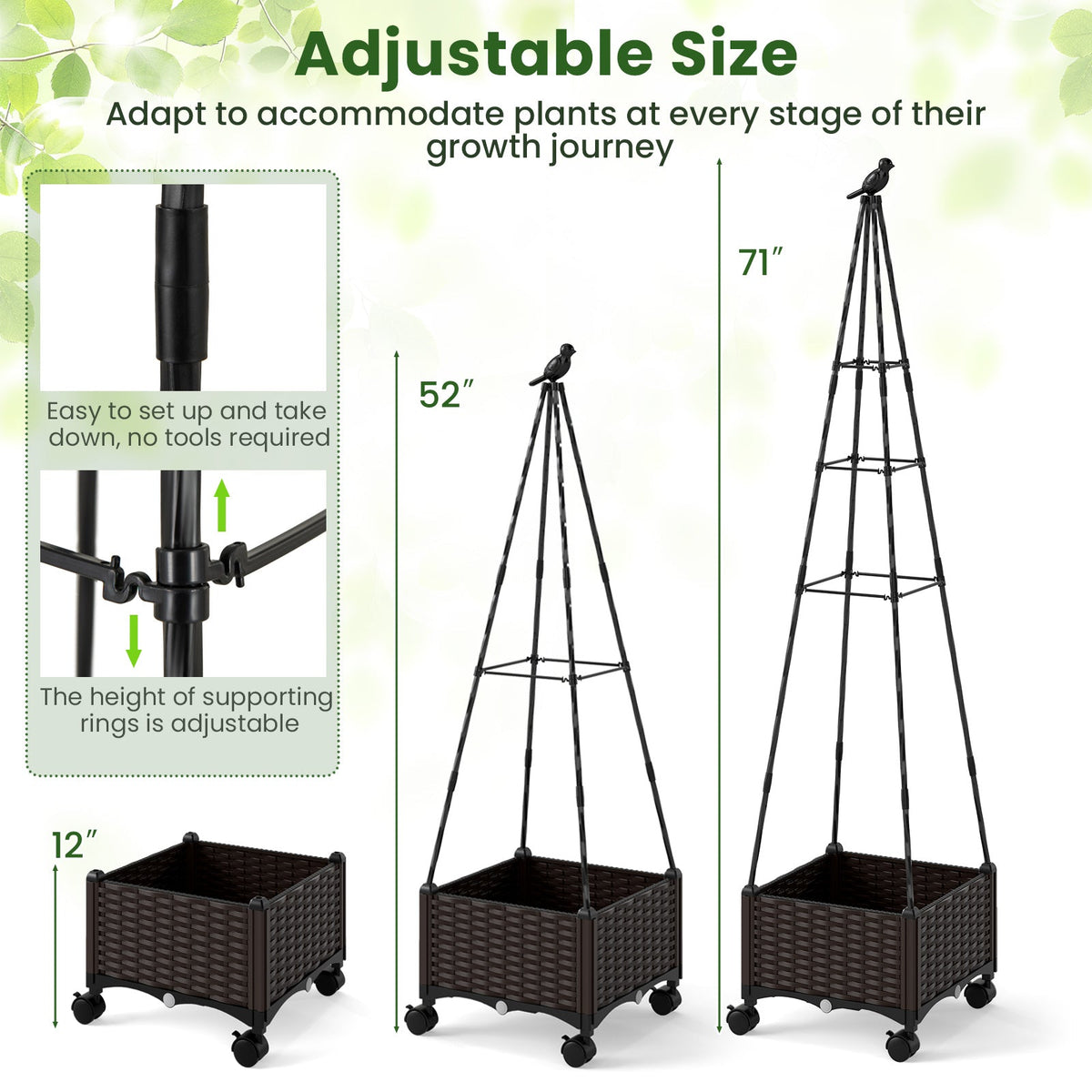 Raised Garden Bed Adjustable with Plant Box & Trellis with Lockable Wheels