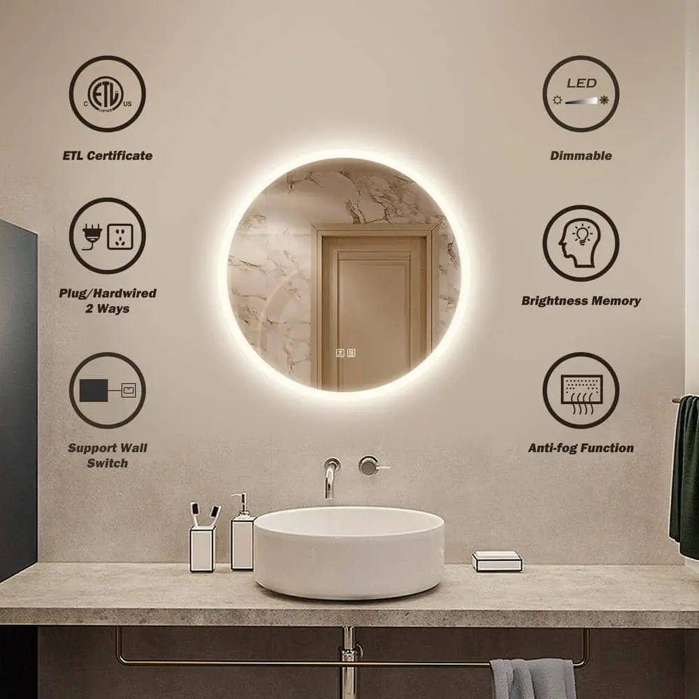 Round LED Bathroom, Vanity Mirror With Dimmable Lights