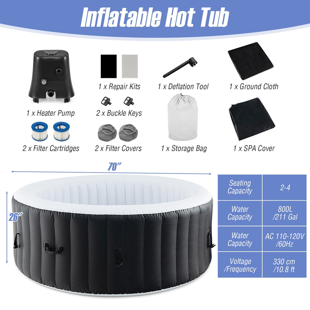 70/80 Inches Round SPA Pool Hottub with Air Jets Electric Heater Pump-S