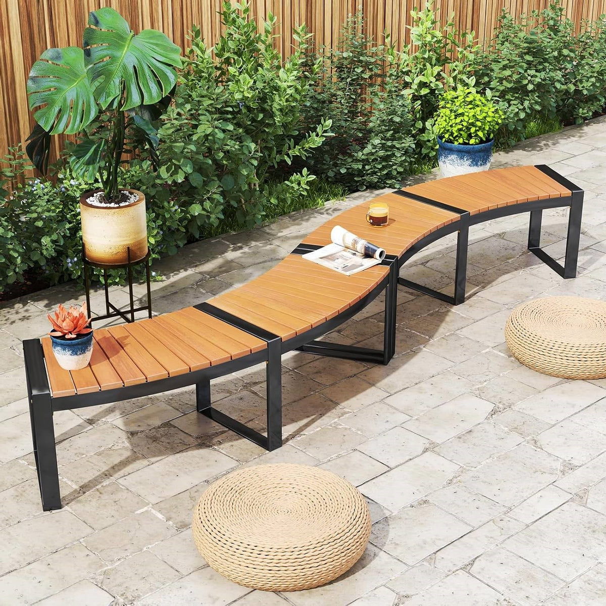 Set of 4 - Round Outdoor Metal Wood Backless Bench