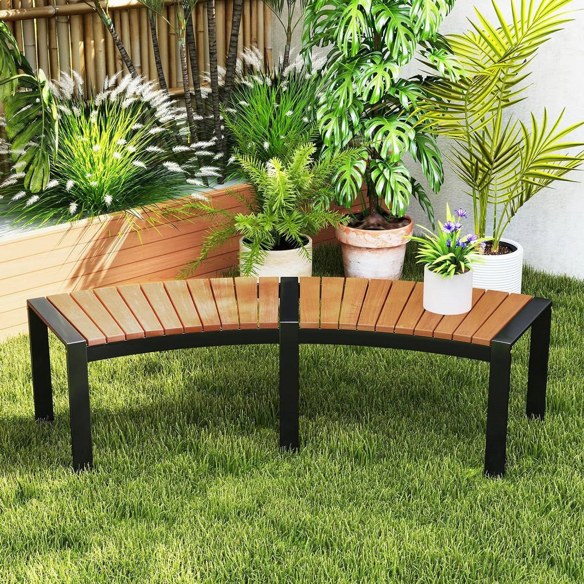 Set of 4 - Round Outdoor Metal Wood Backless Bench