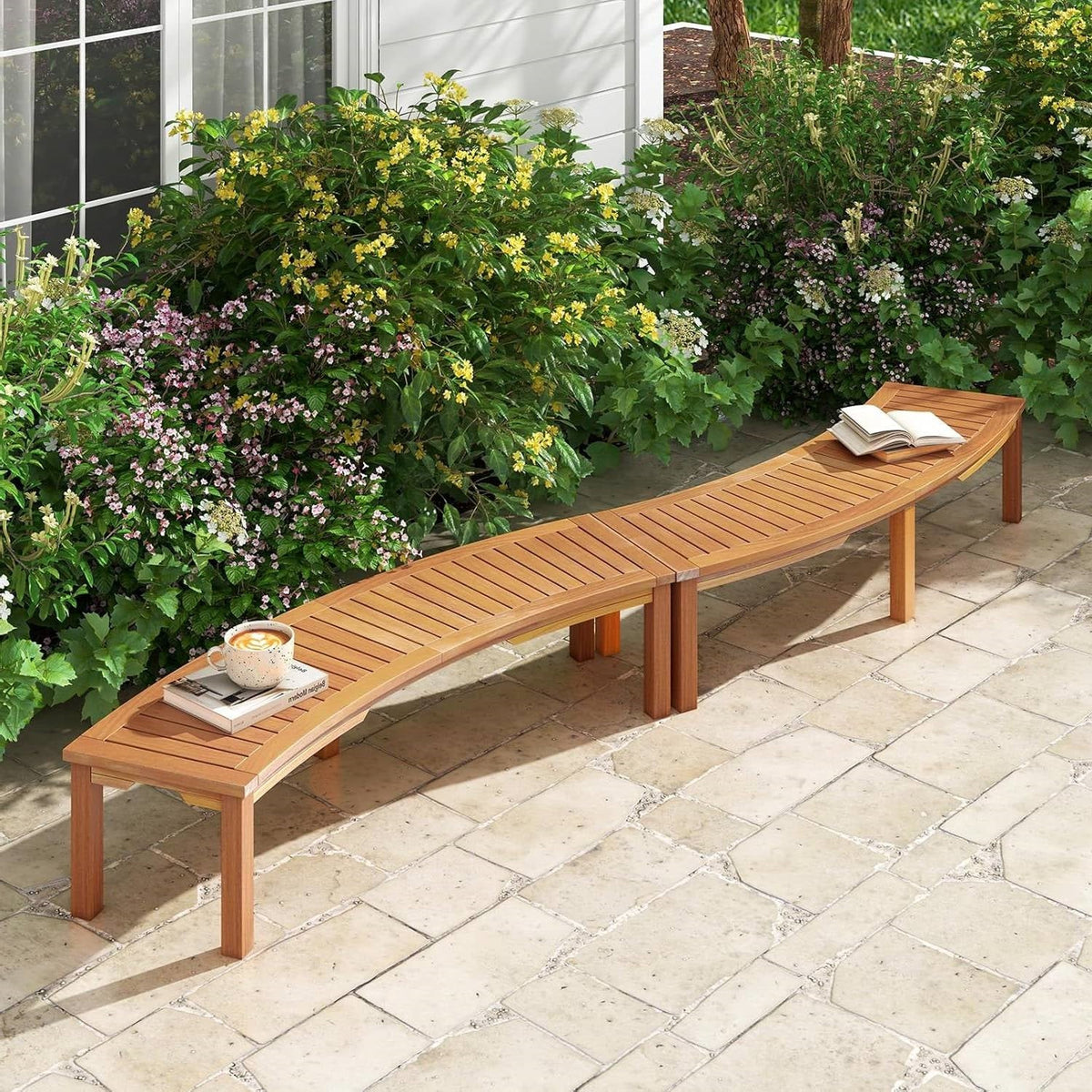 Set of 4 - Outdoor, Curved Backless Garden Bench