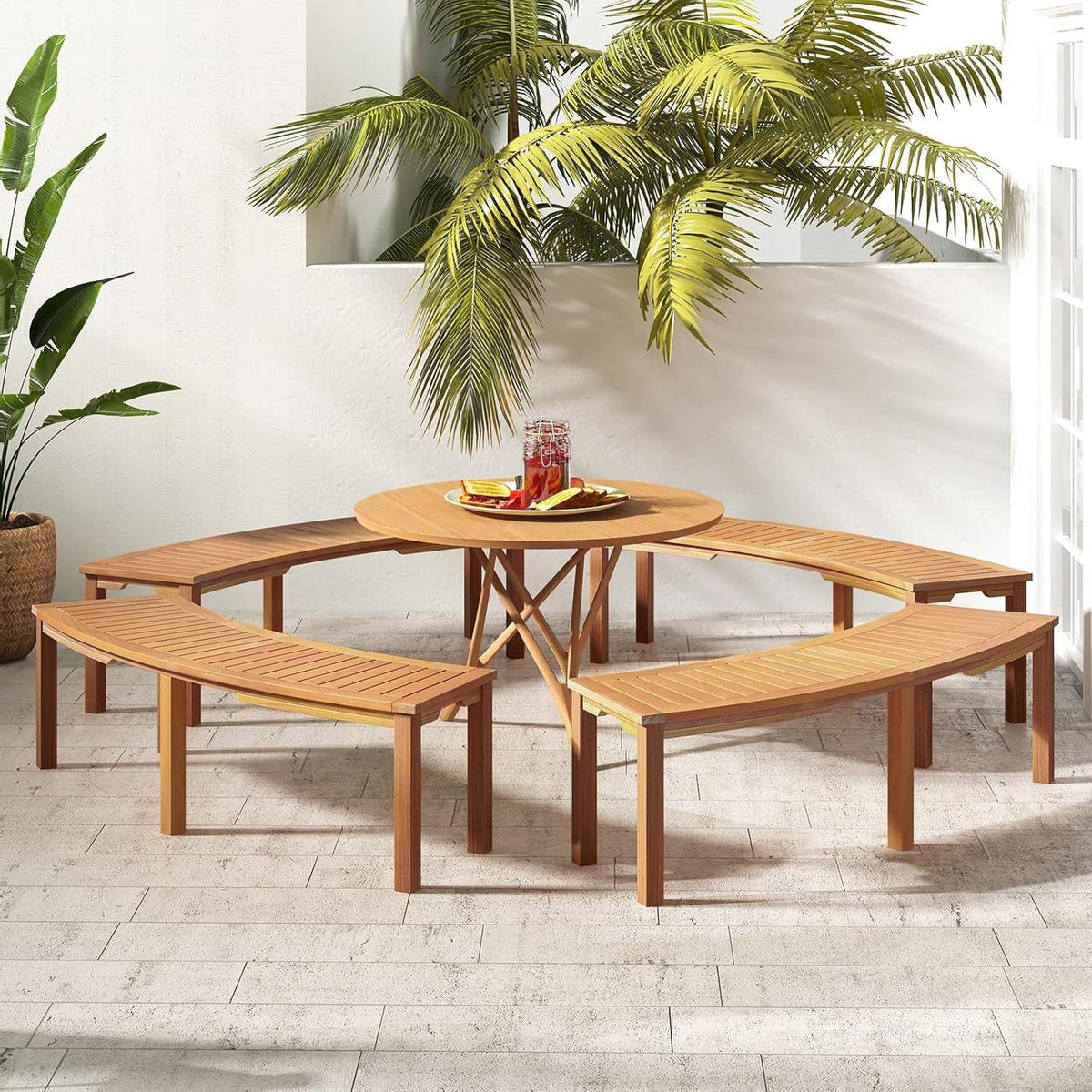 Set of 2 - Outdoor, Backless Garden Bench with Modern Arch Design