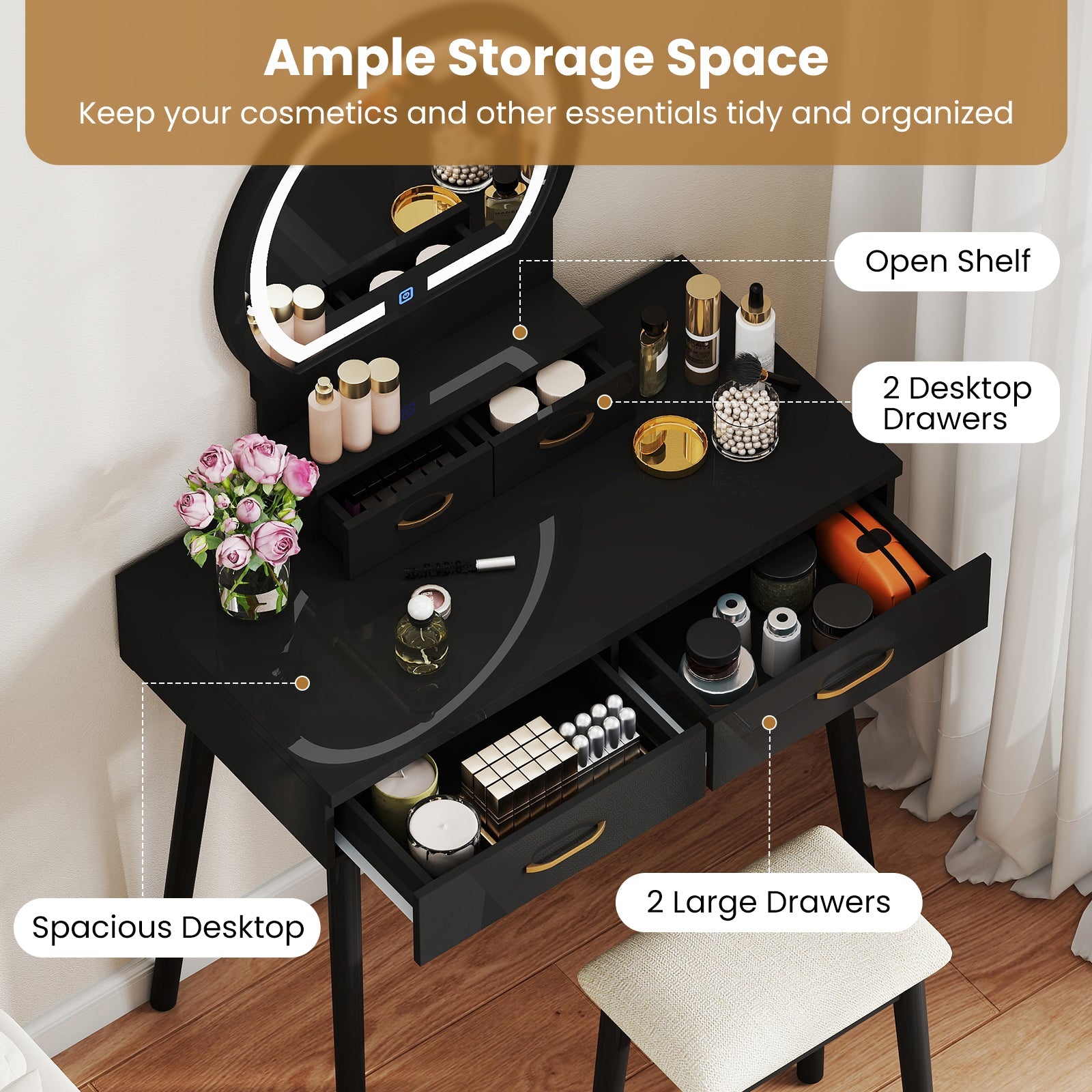 Small Vanity Makeup Dressing Table Set - Black