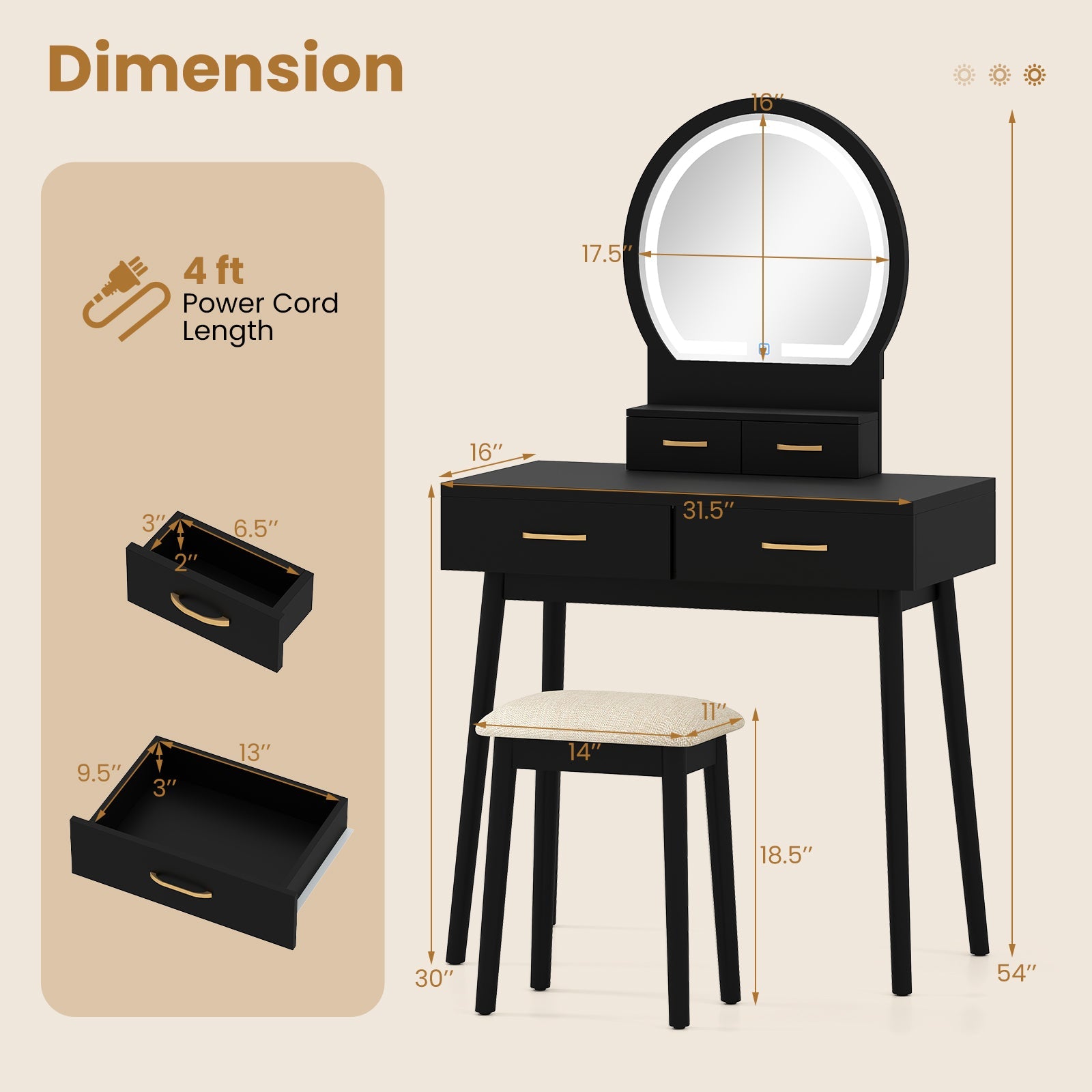 Small Vanity Makeup Dressing Table Set - Black