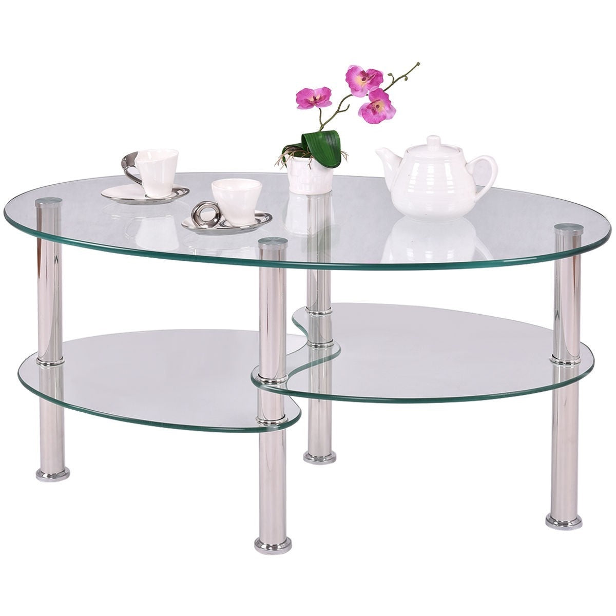 Oval Tempered Glass Coffee Table with Bottom Shelf