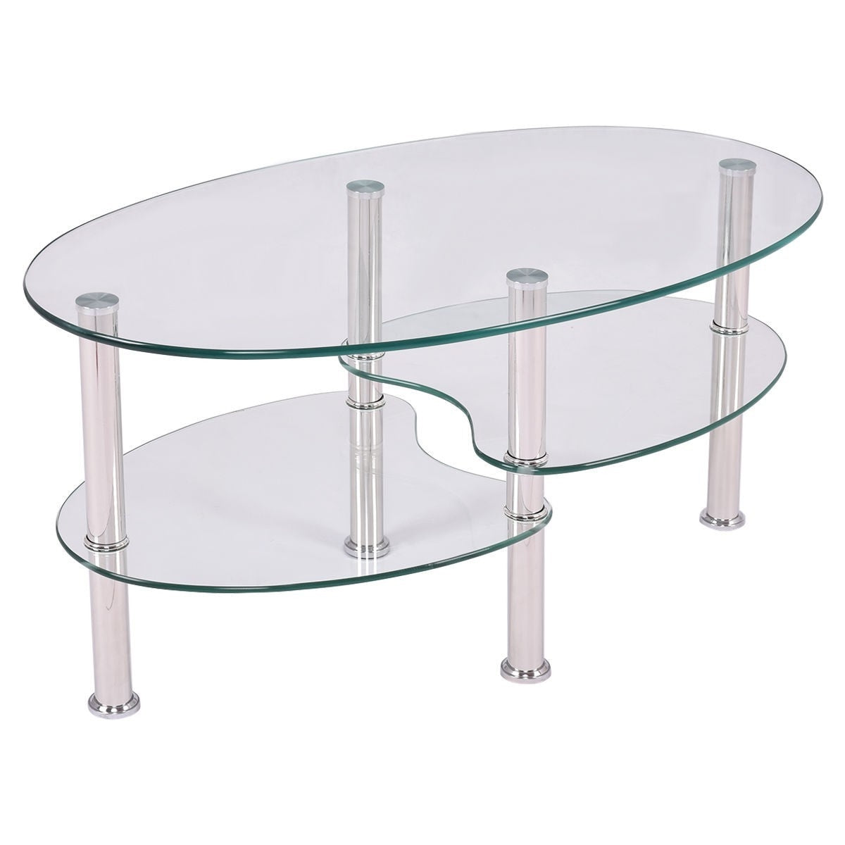 Oval Tempered Glass Coffee Table with Bottom Shelf