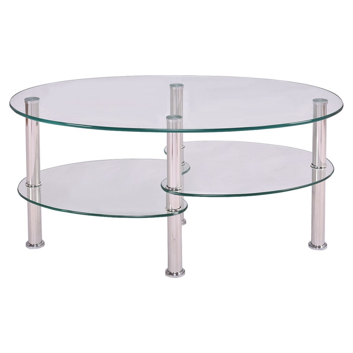 Oval Tempered Glass Coffee Table with Bottom Shelf
