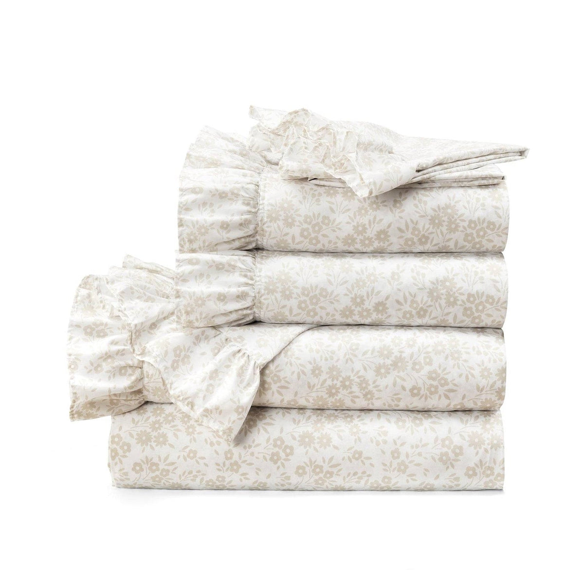 King Size, Tan White, Floral Ruffle Polyester 6 Piece Sheet Set