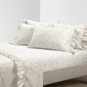 King Size, Tan White, Floral Ruffle Polyester 6 Piece Sheet Set