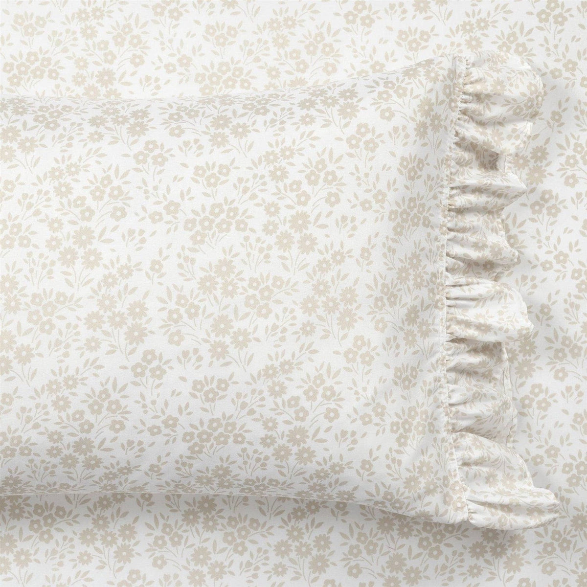 King Size, Tan White, Floral Ruffle Polyester 6 Piece Sheet Set