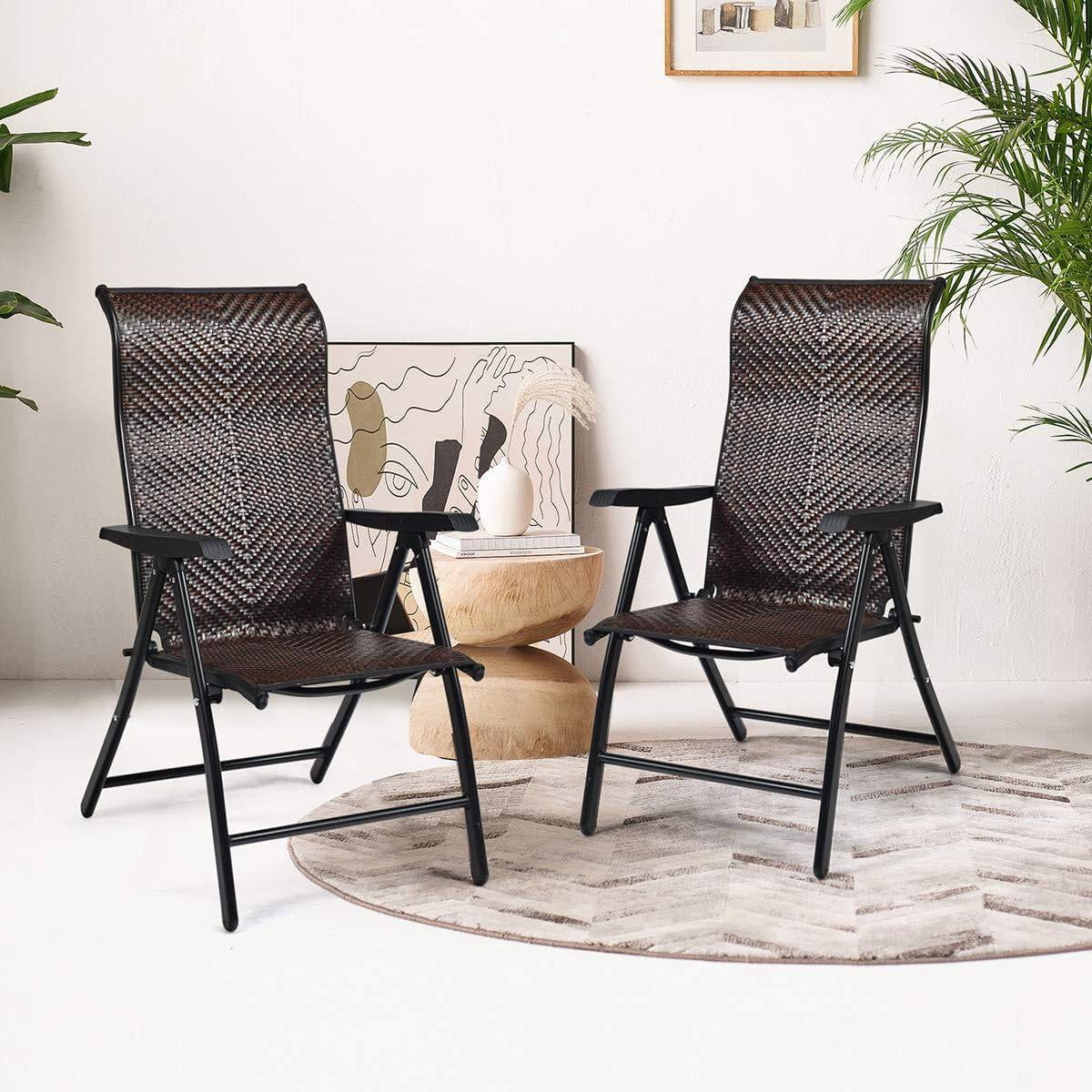 Outdoor/Indoor Folding Patio Chair with Brown Rattan Seat and High Backrest