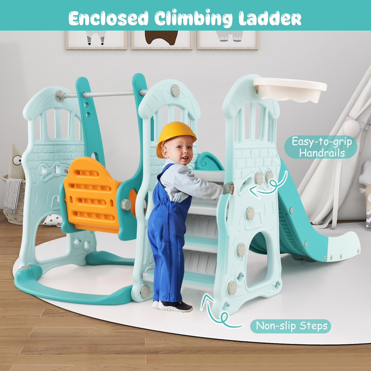 Toddler Slide and Swing Set  with Slide, Swing, Basketball Hoop and Climber