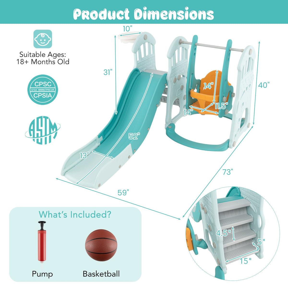 Toddler Slide and Swing Set  with Slide, Swing, Basketball Hoop and Climber