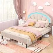 Upholstered LED Bed Frame with Adjustable Flower Headboard Queen Size