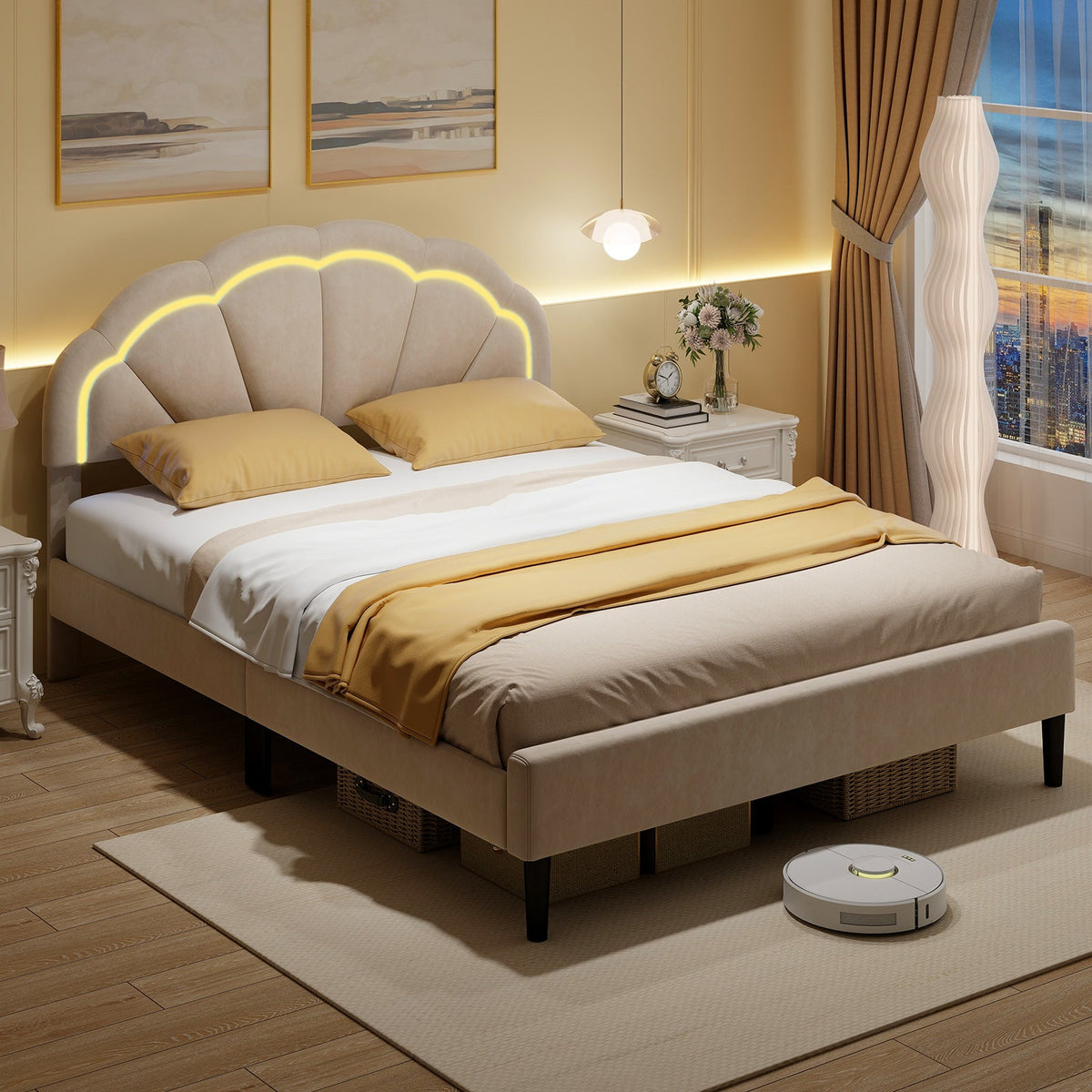 Upholstered LED Bed Frame with Adjustable Flower Headboard Queen Size