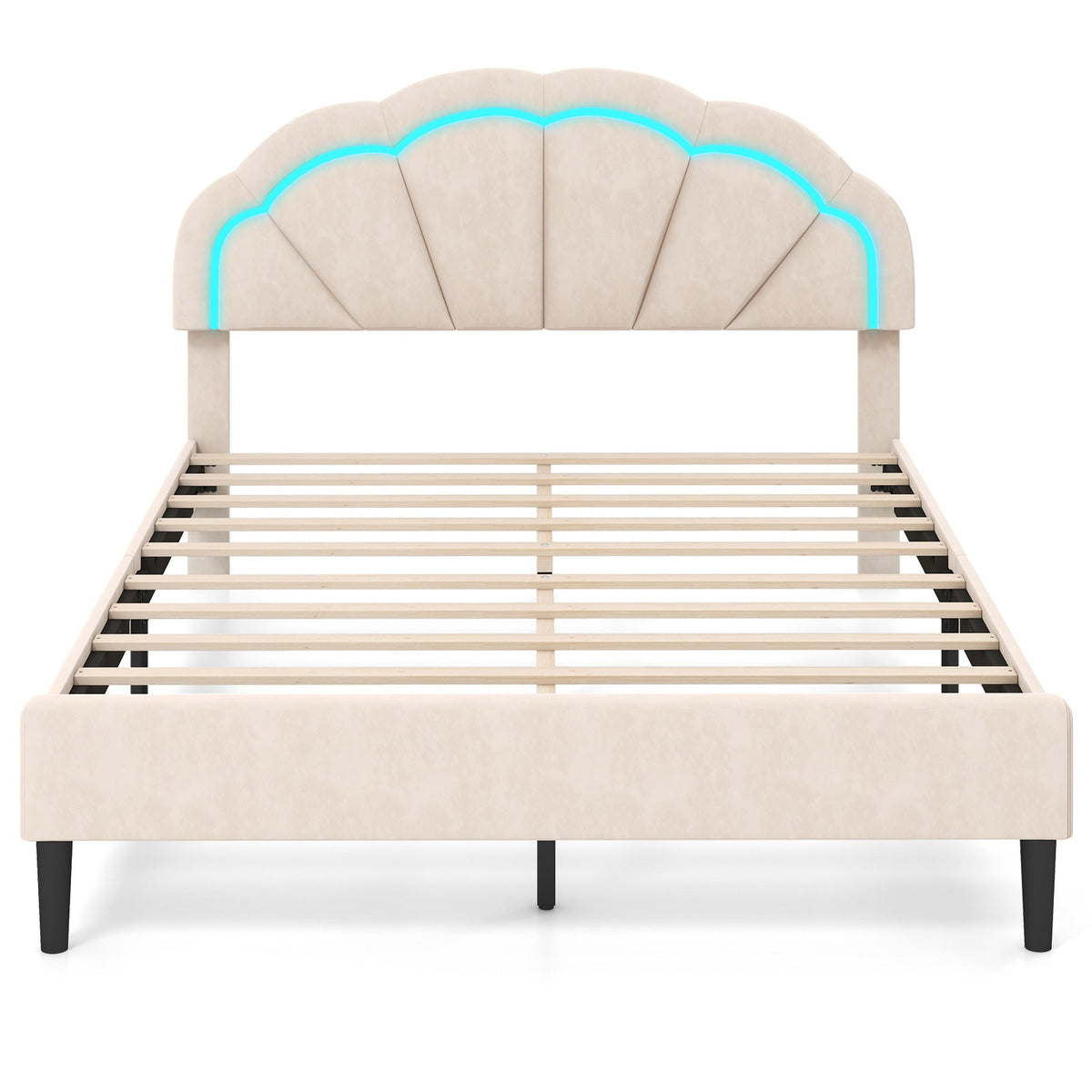 Upholstered LED Bed Frame with Adjustable Flower Headboard Queen Size