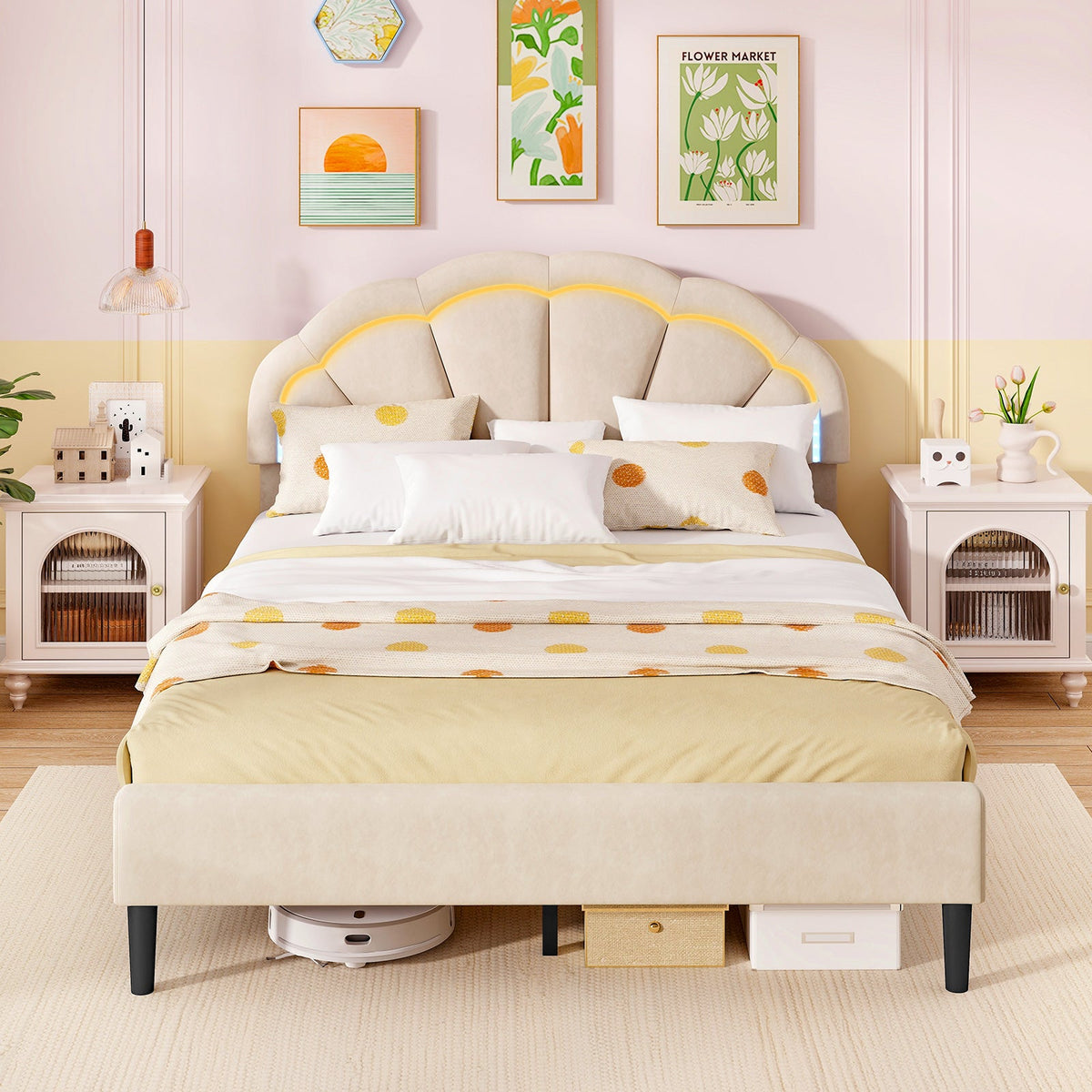 Upholstered LED Bed Frame with Adjustable Flower Headboard Queen Size