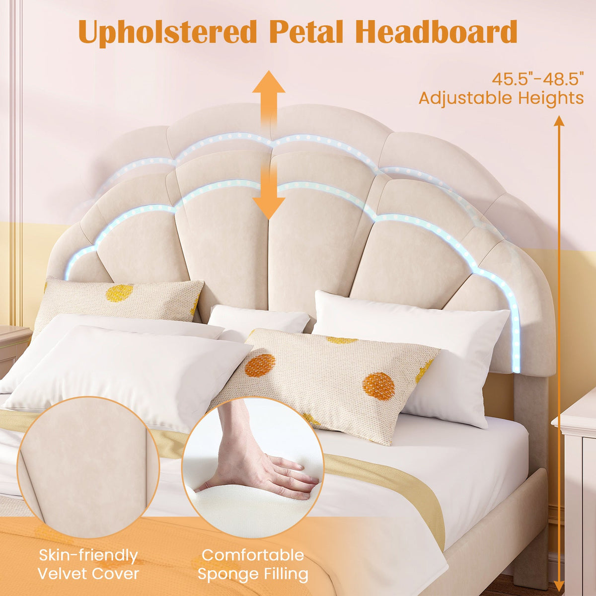 Upholstered LED Bed Frame with Adjustable Flower Headboard Queen Size