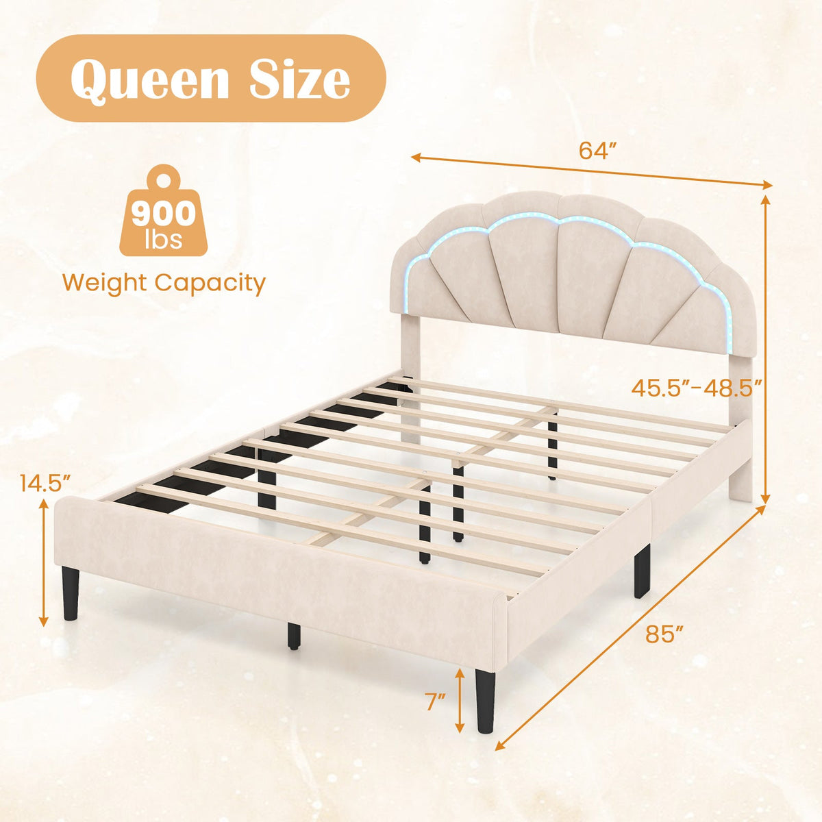 Upholstered LED Bed Frame with Adjustable Flower Headboard Queen Size