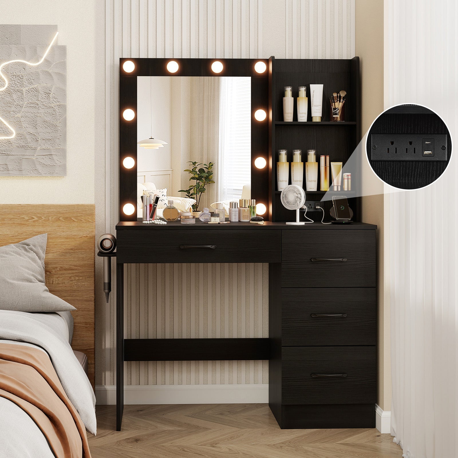 Vanity Desk with 3-Color Lights and Power Outlets-Black