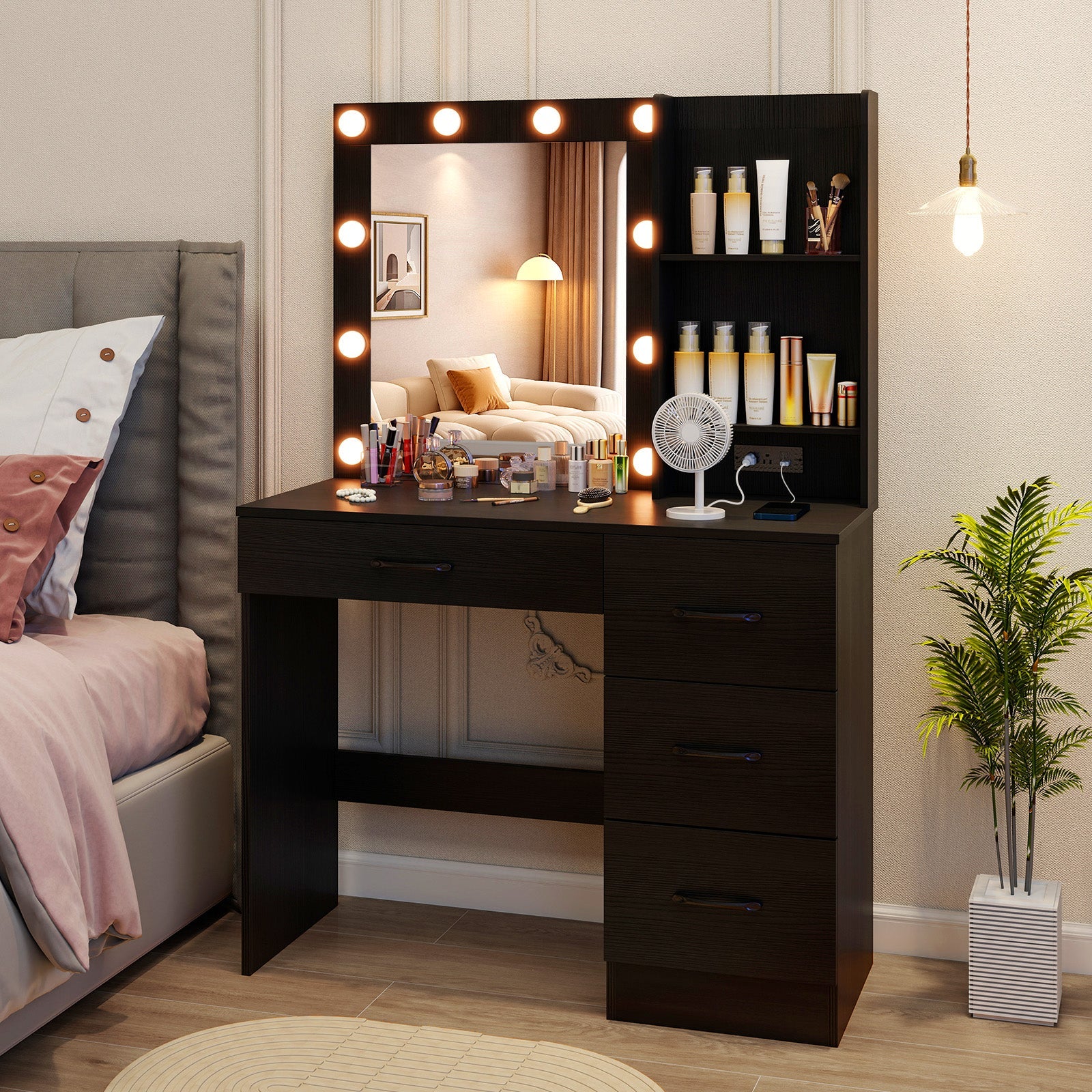Vanity Desk with 3-Color Lights and Power Outlets-Black