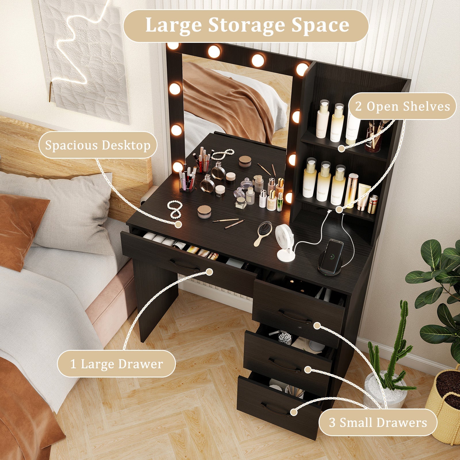 Vanity Desk with 3-Color Lights and Power Outlets-Black