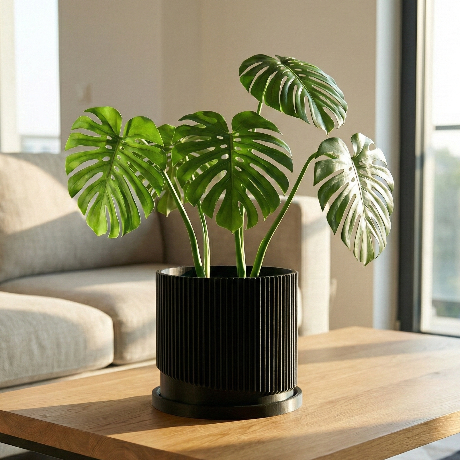 Mid-Century Ribbed Planter with Drainage and Saucer