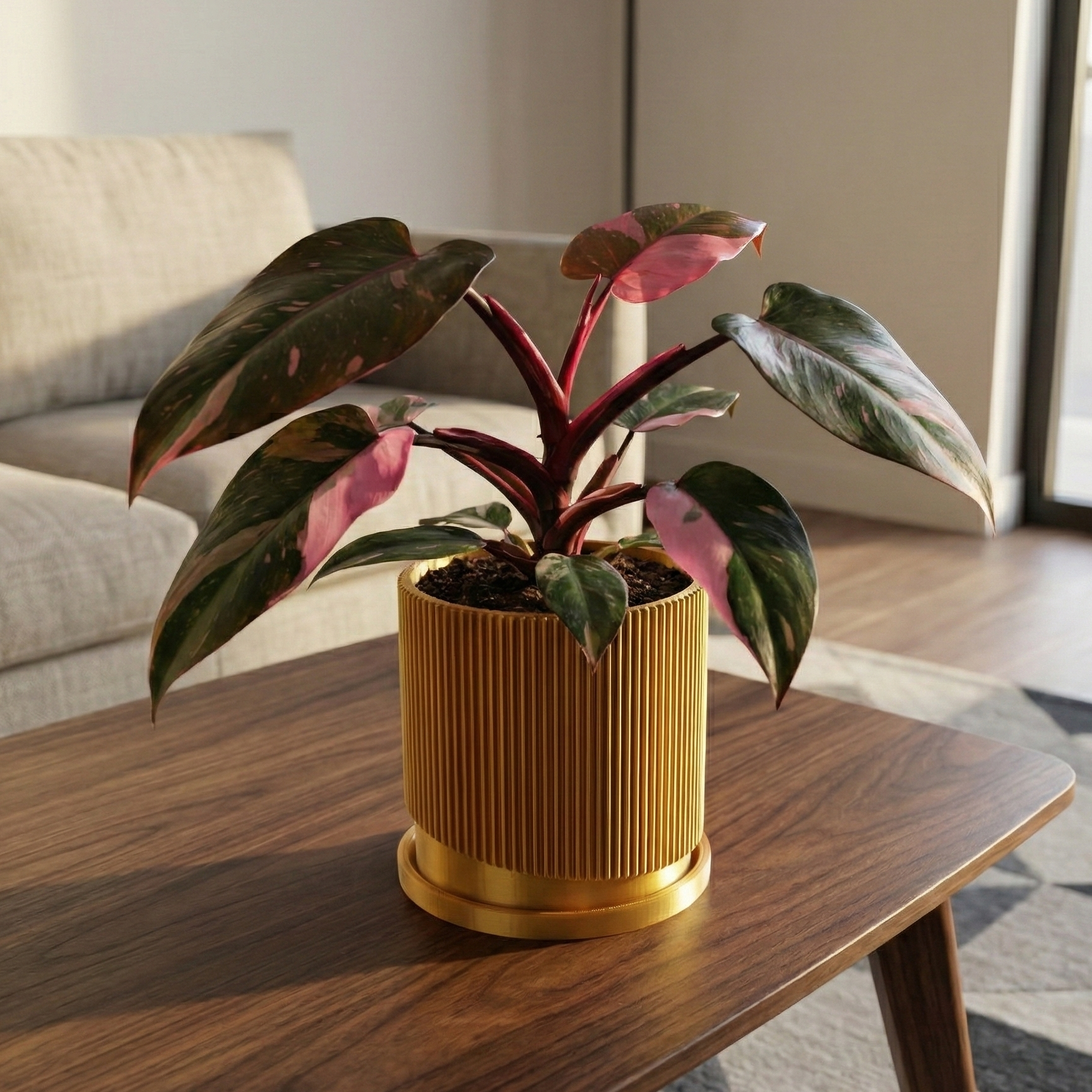 Mid-Century Ribbed Planter with Drainage and Saucer