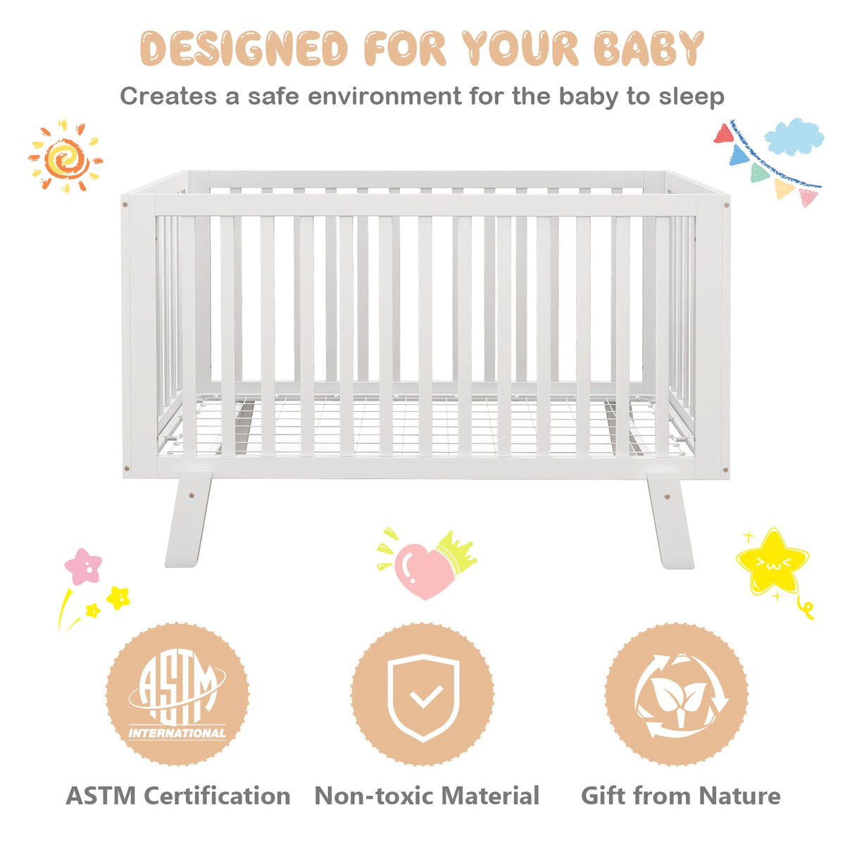 Rubber Wood Baby Crib with Adjustable Mattress Heights and Guardrails-White