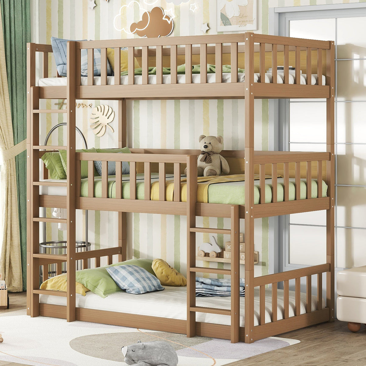 Twin Size Triple Rubber Wood Bunk Bed, with Ladders, Guardrails, Twin over Twin, Natural