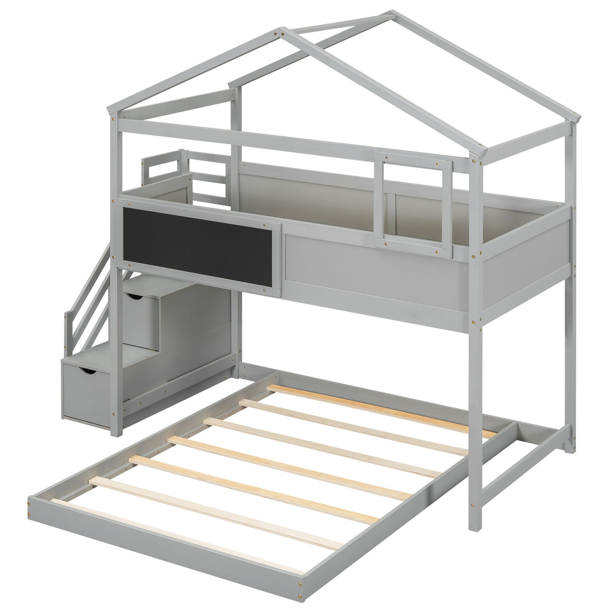 Twin-Over-Full House Bunk Bed with Storage Staircase and Blackboard, Gray