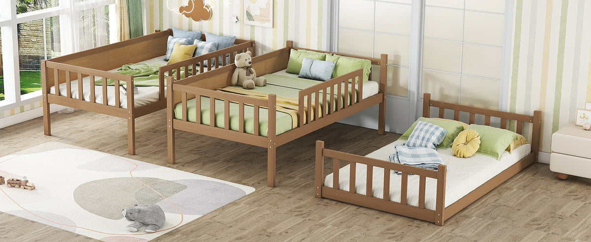 Twin Size Triple Rubber Wood Bunk Bed, with Ladders, Guardrails, Twin over Twin, Natural
